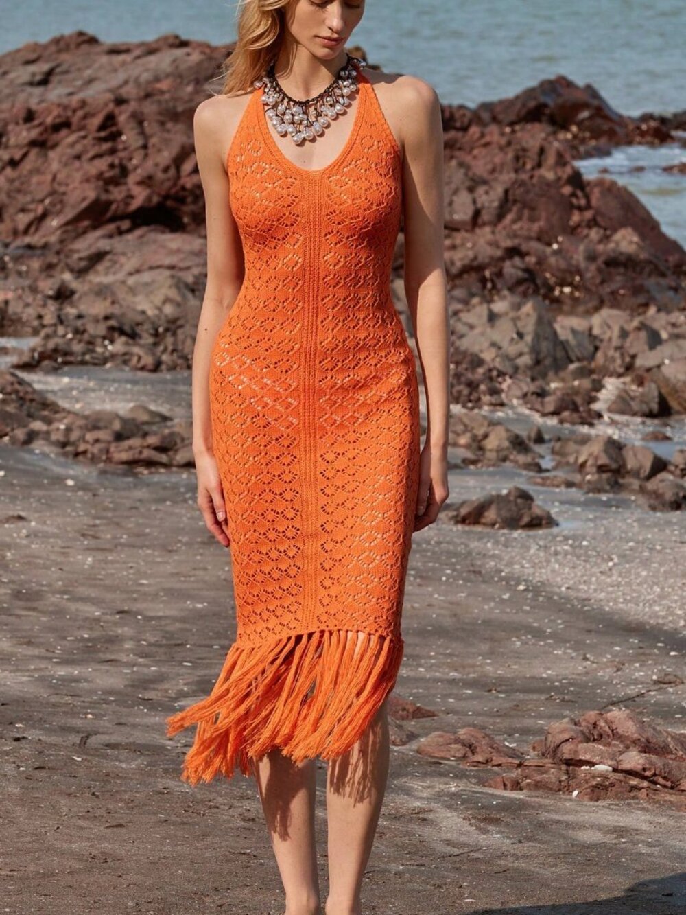 Orange Casual Women's Spaghetti Strap  Backless crochet Fishtail Dress - Picture 4 of 6